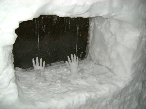 Carefully sculpted ice hands